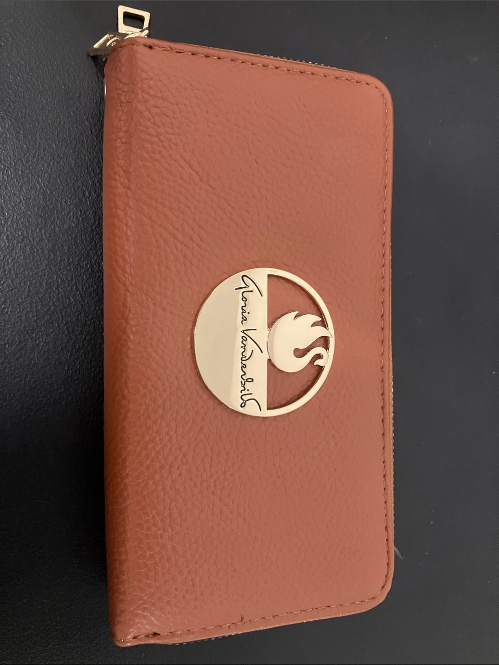 Gloria Vanderbilt Light Brown Zip Around Two Pocket Wallet with Gold Logo